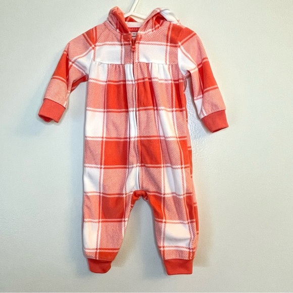 Carter’s 6M Orange & White Plaid Fleece Hoodie Jumpsuit - Picture 1 of 7